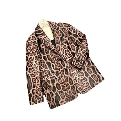 Explosive leopard print fashion genuine leather sheepskin high-end feeling slim fit suit design sense loose and versatile top - Smart Savvy