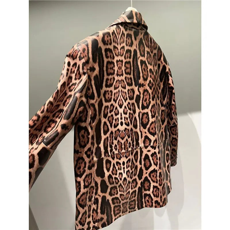Explosive leopard print fashion genuine leather sheepskin high-end feeling slim fit suit design sense loose and versatile top - Smart Savvy