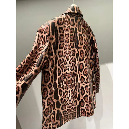 Explosive leopard print fashion genuine leather sheepskin high-end feeling slim fit suit design sense loose and versatile top - Smart Savvy