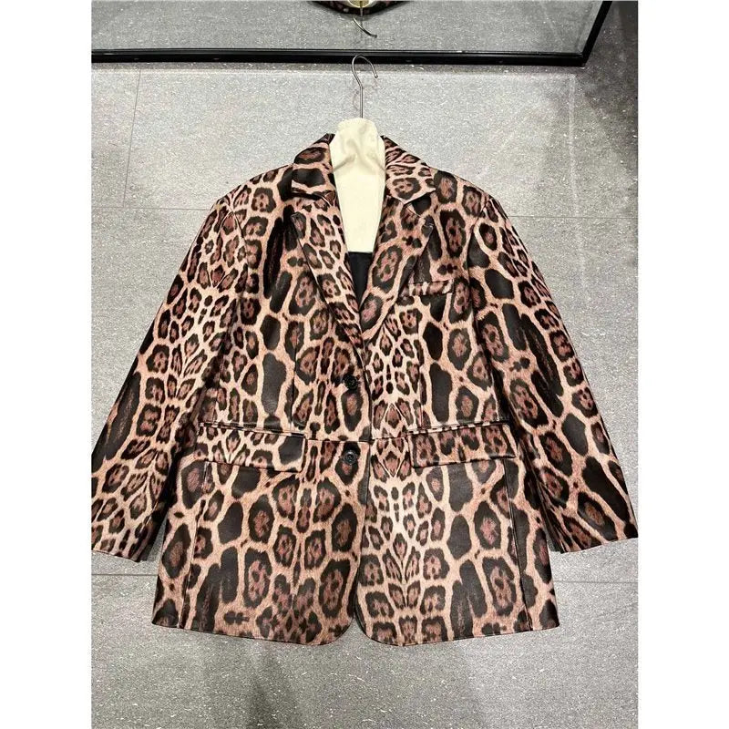 Explosive leopard print fashion genuine leather sheepskin high-end feeling slim fit suit design sense loose and versatile top - Smart Savvy