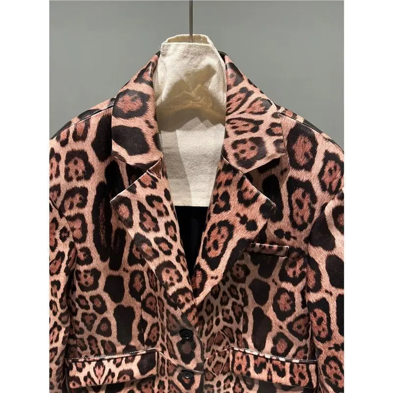 Explosive leopard print fashion genuine leather sheepskin high-end feeling slim fit suit design sense loose and versatile top - Smart Savvy