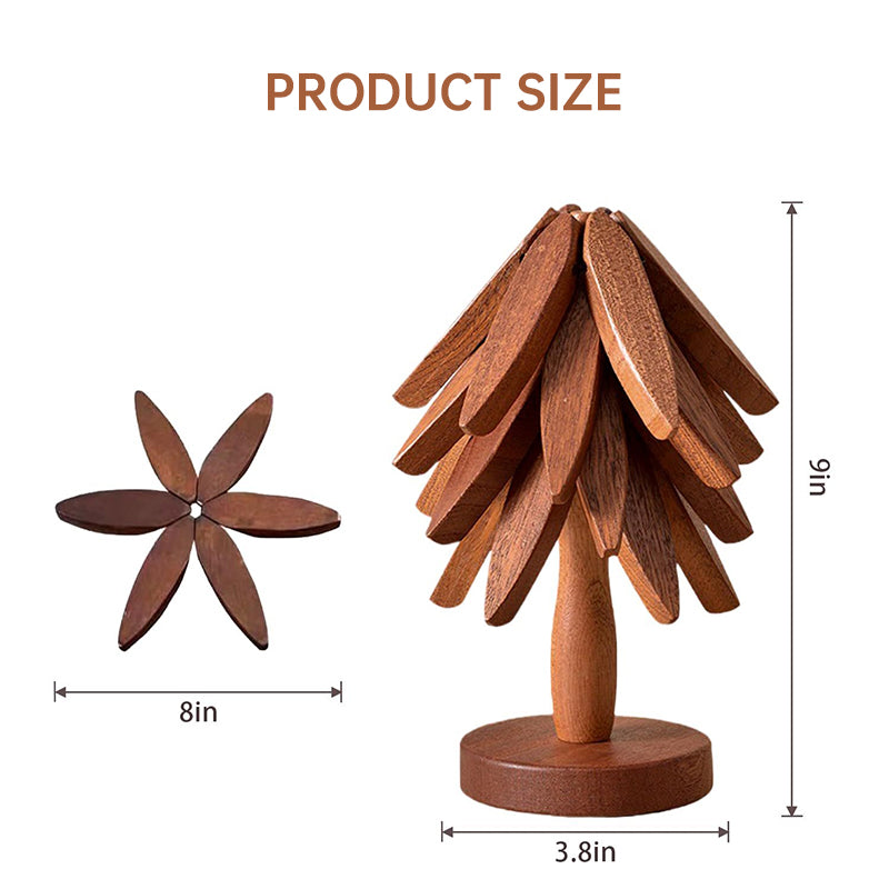 A set of tree - shaped wooden items including 4 trivets for hot dishes, pots, and pans, along with 1 stand. - Smart Savvy