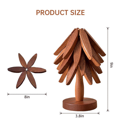 A set of tree - shaped wooden items including 4 trivets for hot dishes, pots, and pans, along with 1 stand. - Smart Savvy
