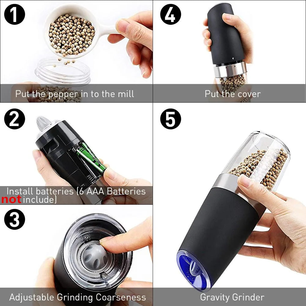 Electric Automatic Mill Pepper and Salt Grinder LED Light Peper Spice Grain Mills Porcelain Grinding Core Mill for Kitchen Tools eprolo