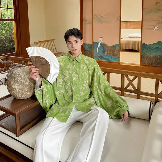 Light brocade jacquard lantern sleeve shirt for men new Tang and Hanfu shirt jacket and top - Smart Savvy