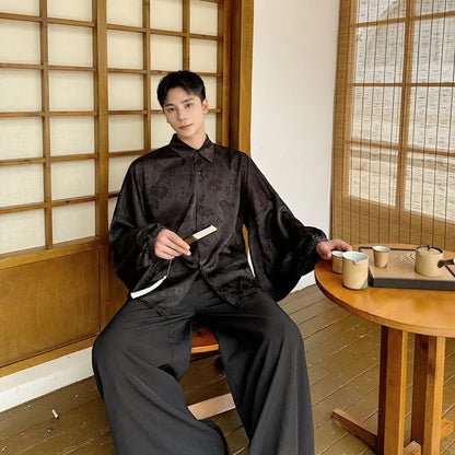 Light brocade jacquard lantern sleeve shirt for men new Tang and Hanfu shirt jacket and top - Smart Savvy