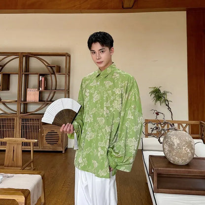 Light brocade jacquard lantern sleeve shirt for men new Tang and Hanfu shirt jacket and top - Smart Savvy