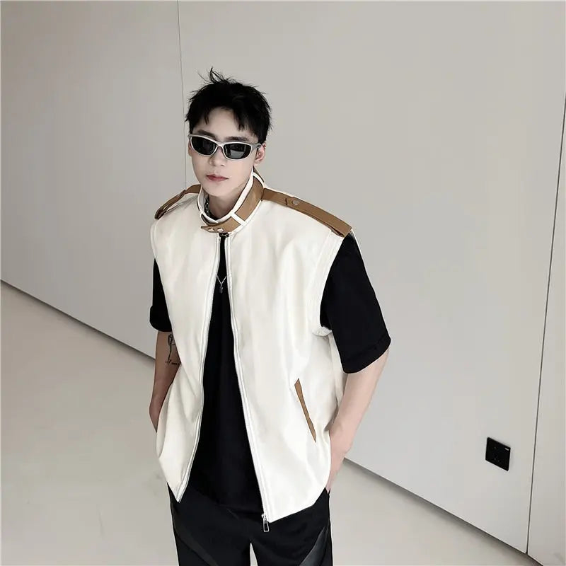 Personalized design sense top leather color blocking niche sleeveless vest trendy brand - Smart Savvy
