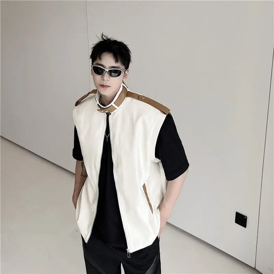 Personalized design sense top leather color blocking niche sleeveless vest trendy brand - Smart Savvy