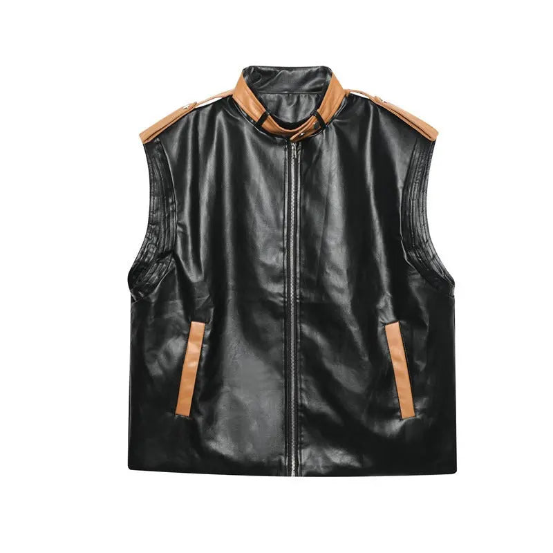 Personalized design sense top leather color blocking niche sleeveless vest trendy brand - Smart Savvy